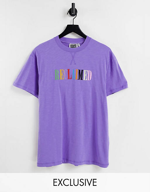Reclaimed Vintage inspired t-shirt with rainbow embroidery in purple