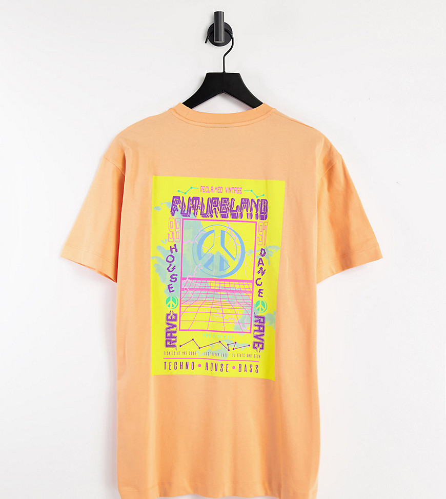 Reclaimed Vintage Inspired relaxed organic cotton t-shirt with 90's rave graphic in washed orange