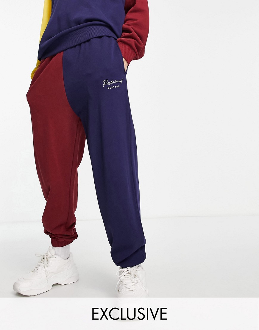 Reclaimed Vintage inspired relaxed sweatpants with embroidered logo in color block - part of a set-Navy
