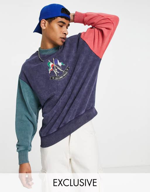 Reclaimed Vintage inspired relaxed sweatshirt with flag embroidery in retro  color block