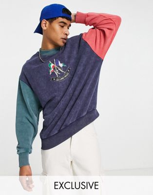 Reclaimed Vintage inspired relaxed sweatshirt with flag embroidery in retro colour block