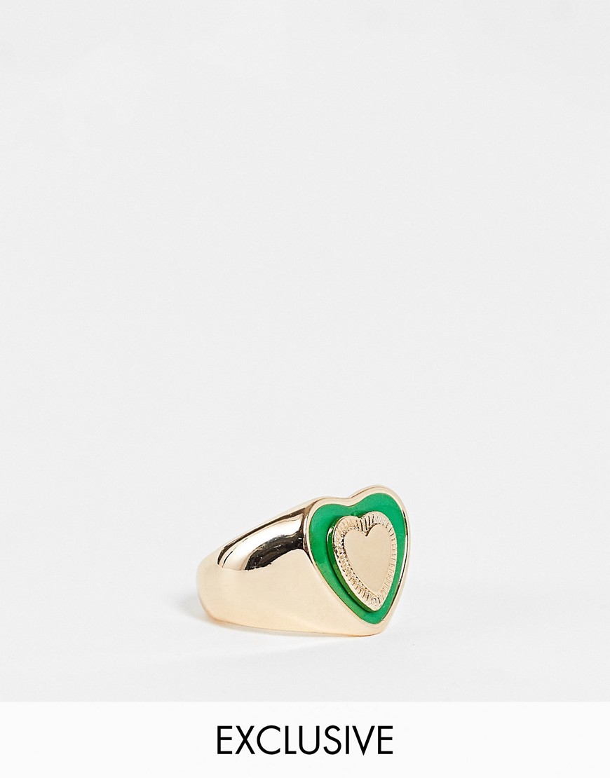 Reclaimed vintage inspired retro heart ring in gold and green