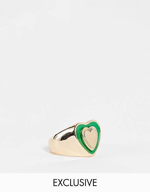 Reclaimed vintage inspired retro heart ring in gold and green