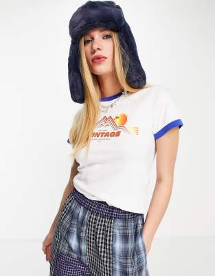 Reclaimed Vintage inspired retro print cotton t shirt with contrast binding - CREAM - ASOS Price Checker