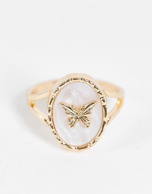 Reclaimed Vintage Inspired - Ring i antik stil med imiteret perlemor og sommerfugl, 2 af 4