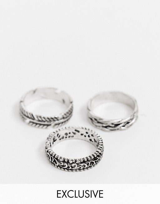 Reclaimed Vintage inspired ring multipack with feather detail in silver