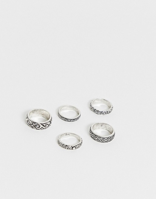 Reclaimed Vintage inspired ring pack with emboss detail in silver exclusive to ASOS