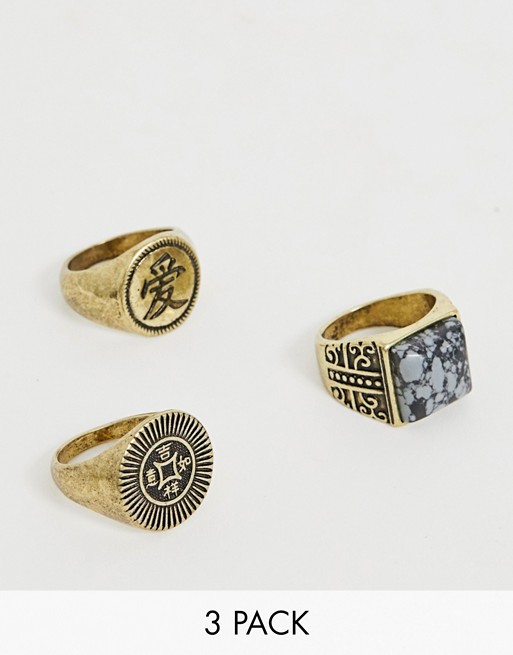 Reclaimed Vintage inspired ring pack with semi precious stone detail in gold exclusive to ASOS