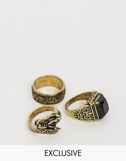 Reclaimed Vintage inspired ring pack with stone detail and dragon design ring in burnished gold exclusive to ASOS