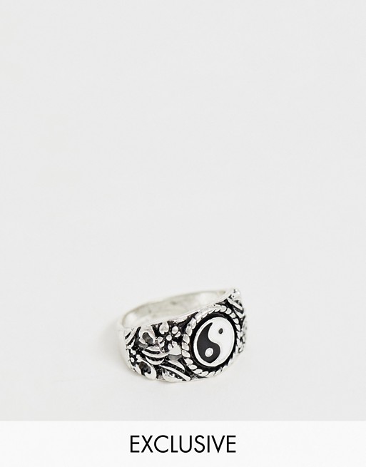 Reclaimed Vintage inspired ring with emboss and Yin Yang detail in silver  tone exclusive to ASOS