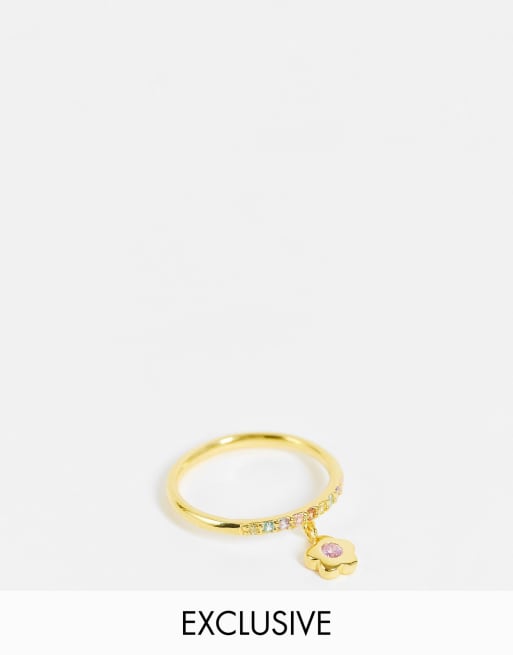 Reclaimed Vintage inspired ring with pretty crystal flower in gold plated sterling silver