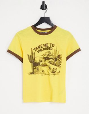 Reclaimed Vintage inspired ringer t-shirt take me to the rodeo print in yellow