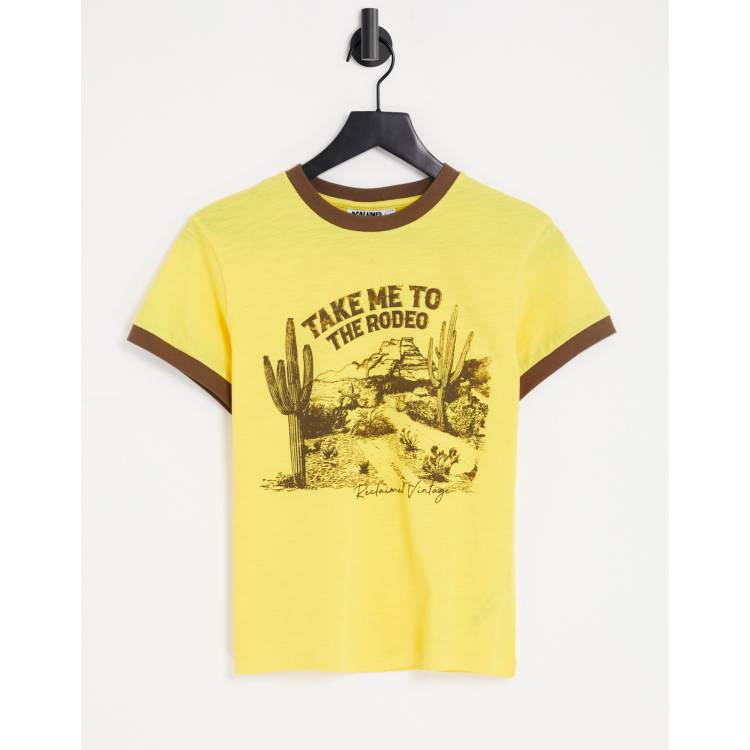 Reclaimed Vintage inspired ringer t shirt take me to the rodeo print in yellow