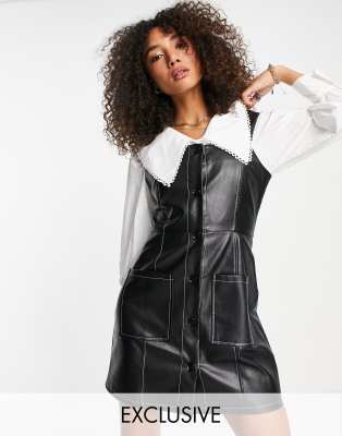 Reclaimed Vintage Inspired - Robe chasuble imitation cuir à coutures contrastantes - Noir 