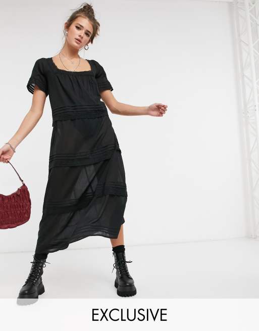 Reclaimed Vintage - Inspired - Robe mi-longue à volants et bords en dentelle - Noir