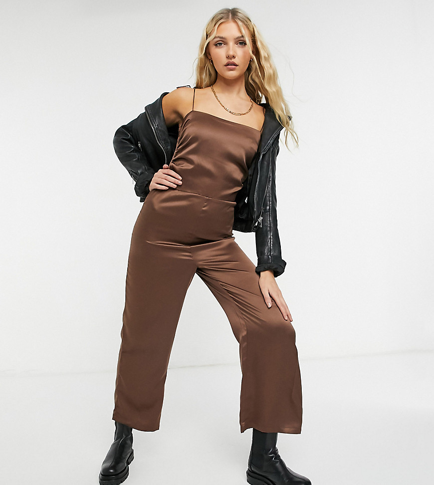 Reclaimed Vintage inspired ruched cami satin jumpsuit in chocolate-Brown
