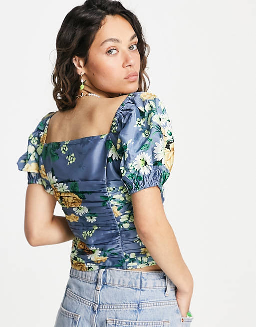  Shirts & Blouses/Reclaimed Vintage inspired ruched corset detail top in blue floral 
