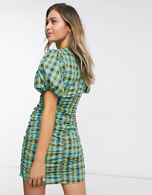  Reclaimed Vintage inspired ruched mini dress with puff sleeves in check print 