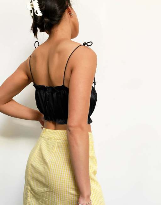 Reclaimed Vintage Inspired ruched spaghetti strap crop top in black, 2 of 4