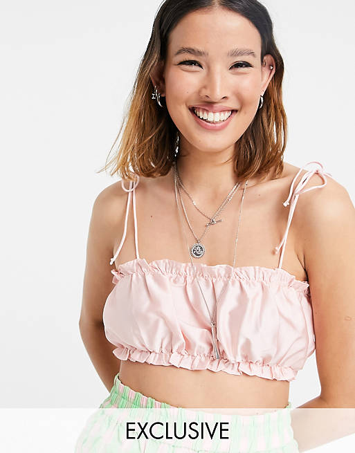Reclaimed Vintage inspired ruched spaghetti strap crop top in pink