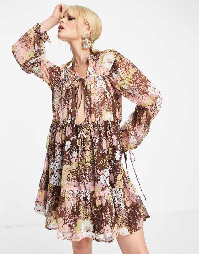 Reclaimed Vintage inspired ruffle mini dress in multi floral print