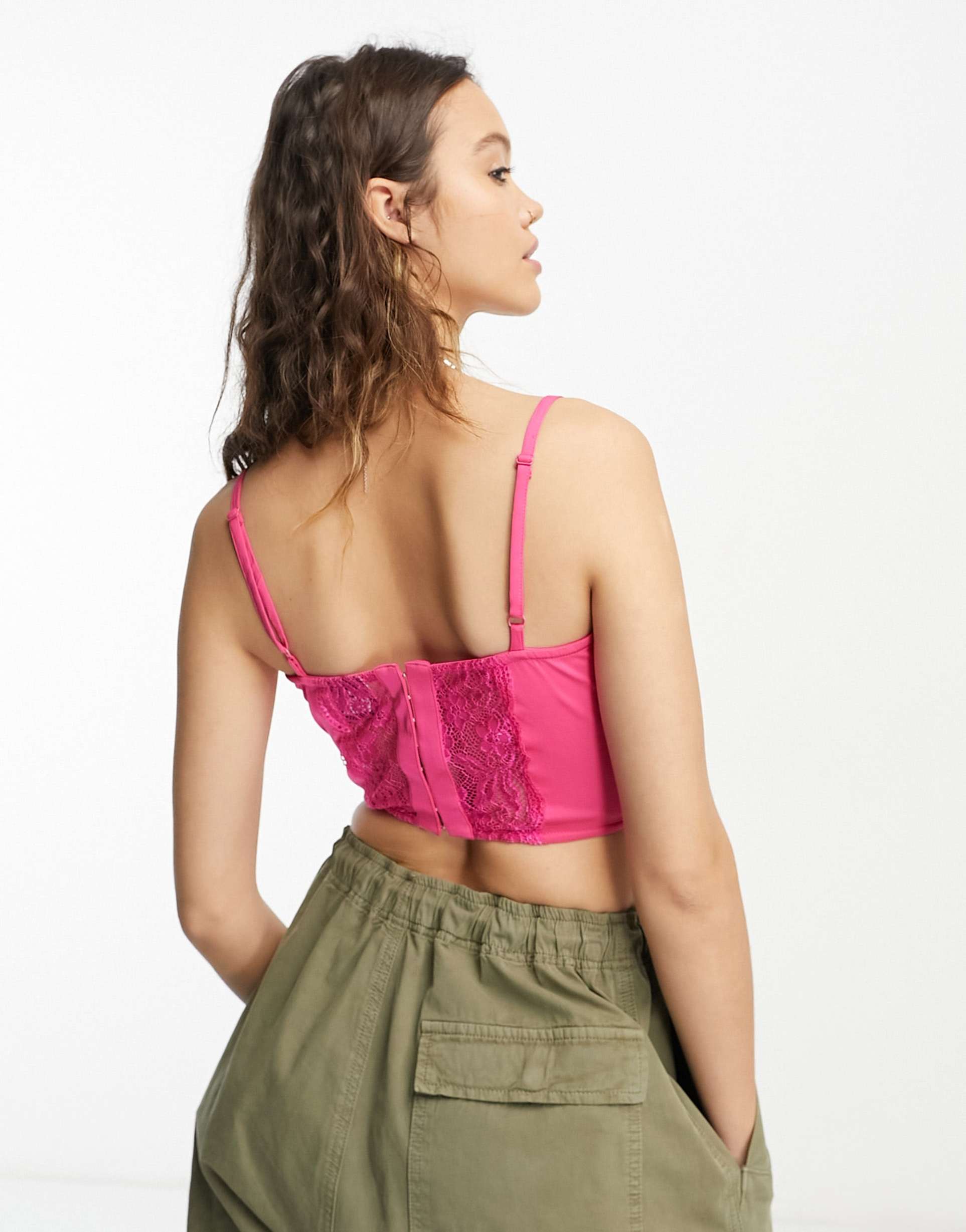 Reclaimed Vintage inspired satin and lace corset top in pink view 3