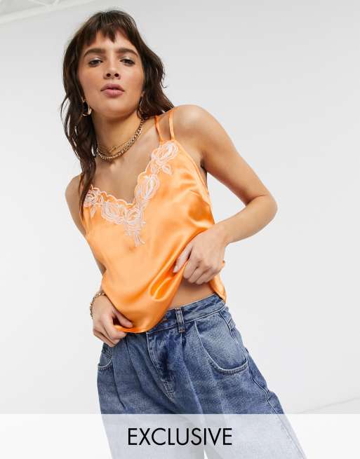 Reclaimed Vintage inspired satin cami with tie back detail in orange