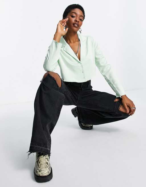 Reclaimed Vintage inspired satin co-ord shirt in green, 4 of 4