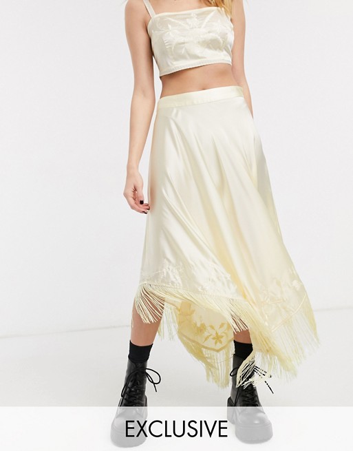 Reclaimed Vintage inspired satin co-ord skirt with embroidery detail in pale yellow