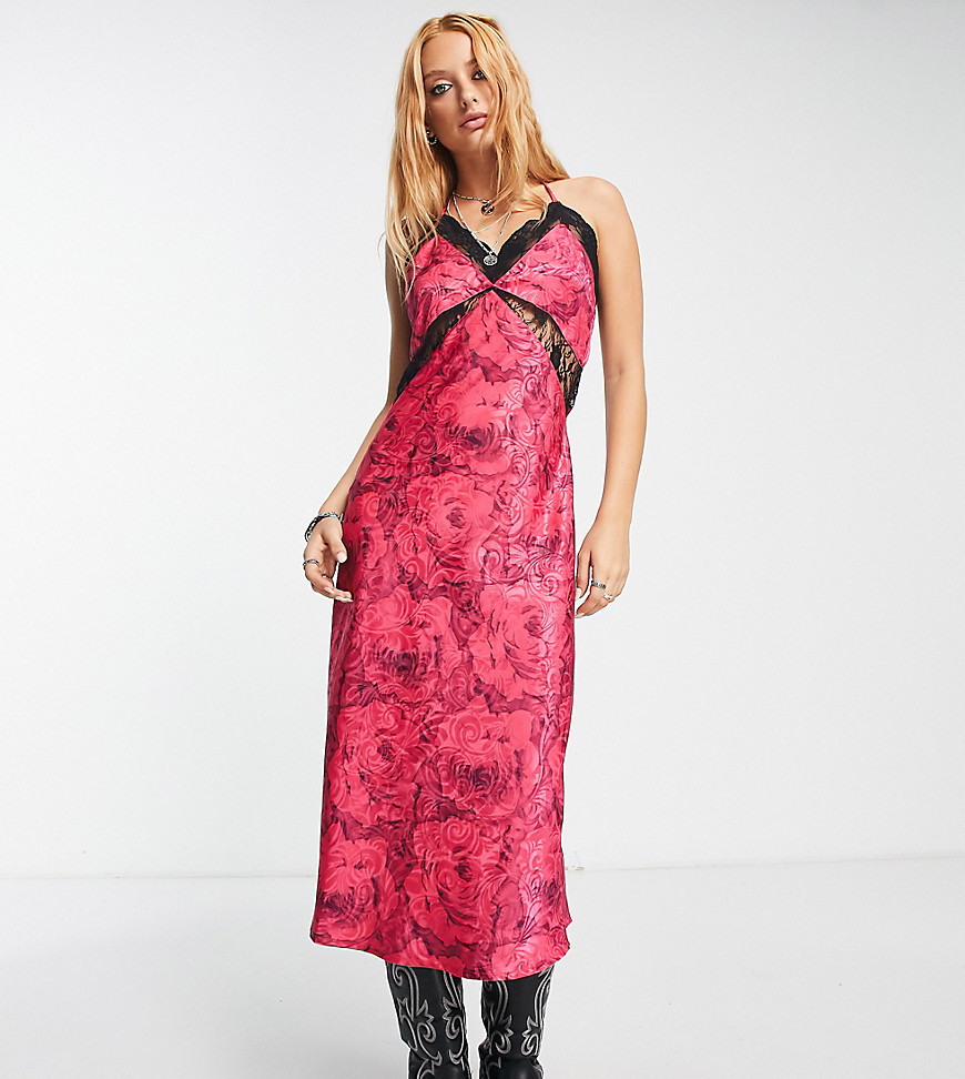 Reclaimed Vintage Inspired Satin Jacquard Cami Dress In Pink Rose Print