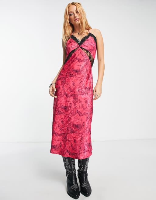 Rose Printed Eyelet Embroidered Cami Denim Dress in Pink - Retro, Indie and  Unique Fashion