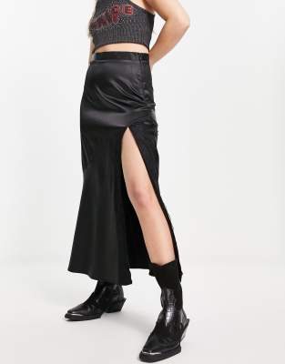 Inspired satin lace insert midi skirt in black