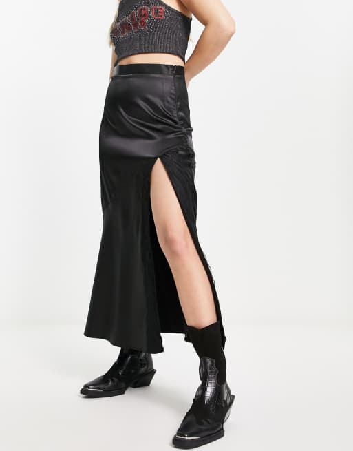 Reclaimed Vintage Inspired satin lace insert midi skirt in black | ASOS