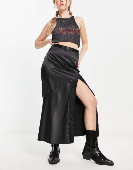 Reclaimed Vintage Inspired satin lace insert midi skirt in black