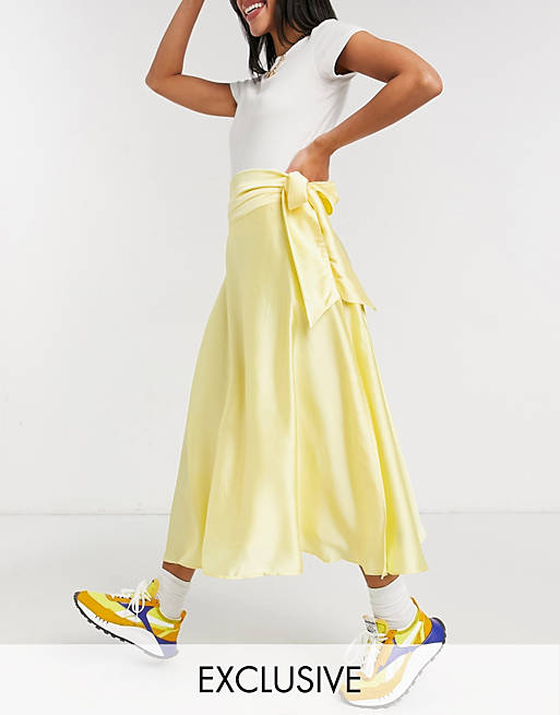 Women Reclaimed Vintage inspired satin midi skirt with self tie in yellow 