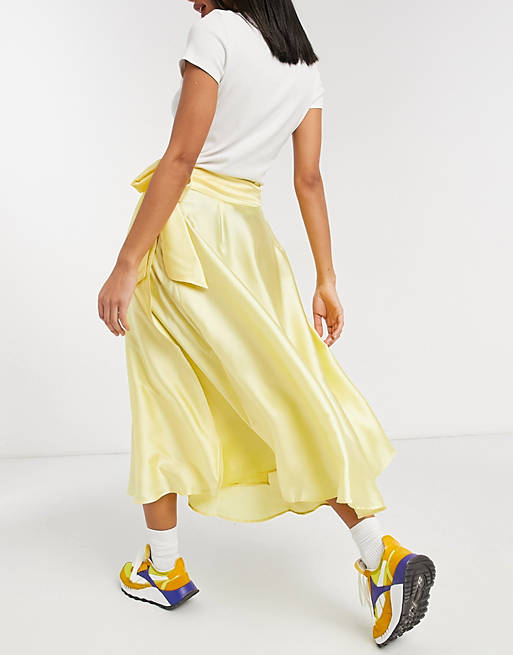 Skirts Reclaimed Vintage inspired satin midi skirt with self tie in yellow 