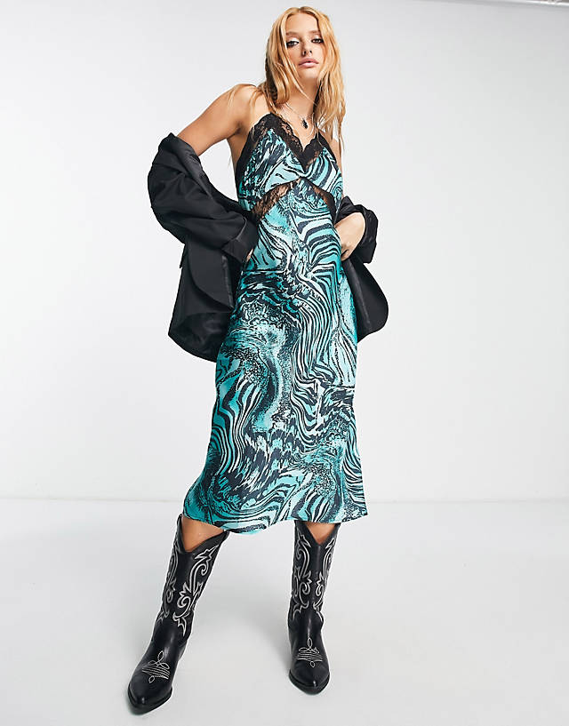 Reclaimed Vintage - inspired satin midi slip dress with lace detail in animal print