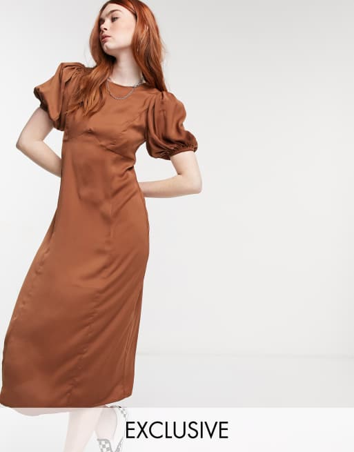Reclaimed Vintage Inspired satin midi tea dress in brown ASOS