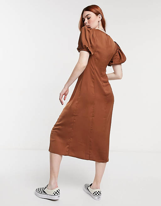  Reclaimed Vintage inspired satin midi tea dress in brown 