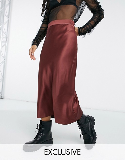 Reclaimed Vintage inspired satin slip skirt with split in rust