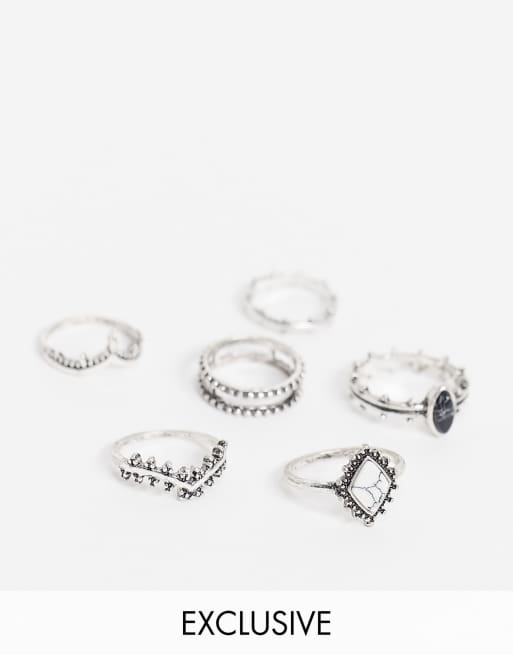 Reclaimed Vintage inspired scenester multipack ring set with midi rings in burnished silver