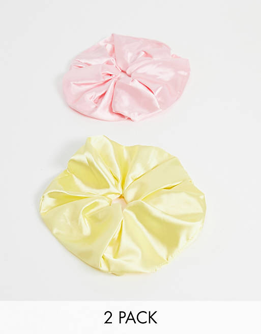 Reclaimed Vintage inspired scrunchie 2 pack in yellow and pink satin