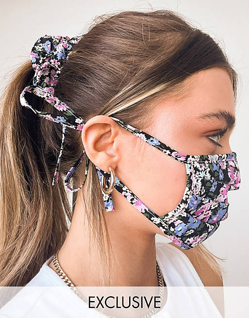 Reclaimed Vintage inspired scrunchie and face covering pack in dark floral