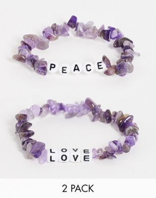 Reclaimed Vintage inspired semi precious amethysts bracelets with peace and love beads 2 pack