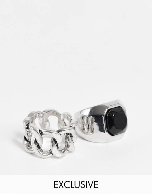 Reclaimed Vintage Inspired - Set van 2 brede ringen met schakels en zwarte steen in zilver