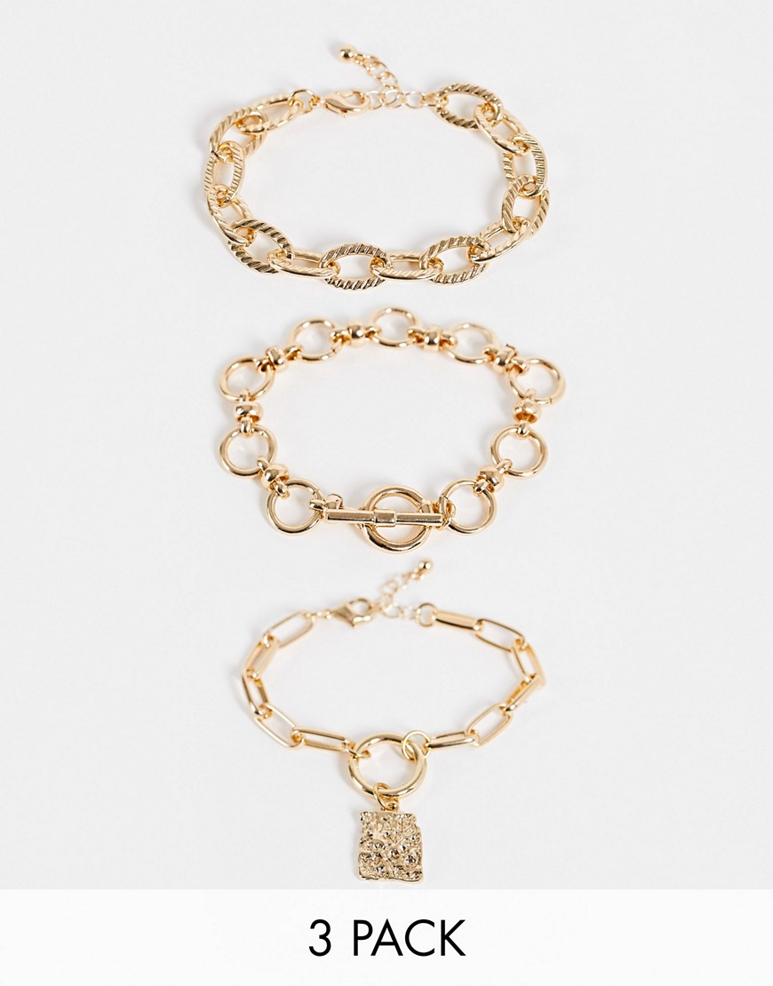 Reclaimed vintage Inspired - Set van 3 armbanden met gemixte schakels in goudkleur-Veelkleurig