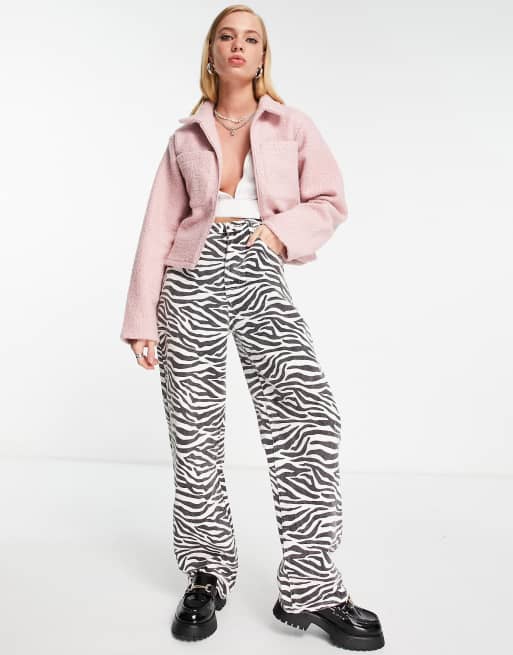 Reclaimed Vintage Inspired - Shacket van teddy met rits in roze, 2 van 4