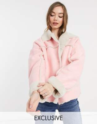 Reclaimed Vintage inspired shearling jacket in pink