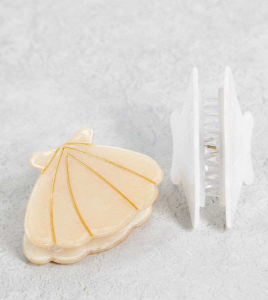 Reclaimed Vintage Inspired shell hair clip 2 pack in white and gold