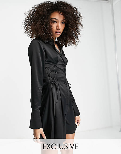 Dresses Reclaimed Vintage inspired shirt dress in satin with tie waist detail in black 
